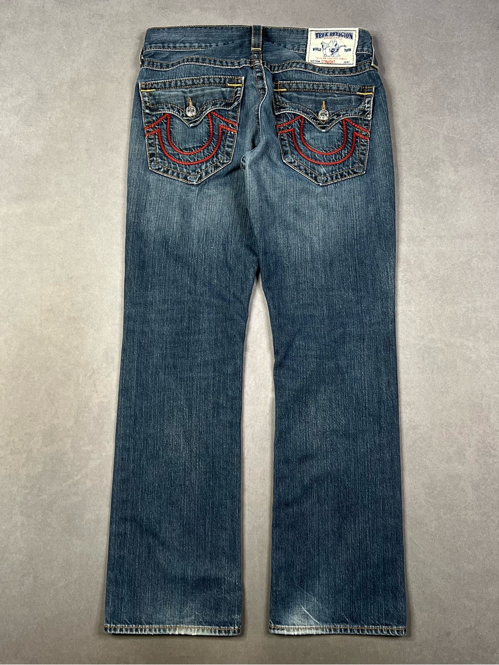 True Religion Women's Blue Boot Cut Jeans with Red Stitching